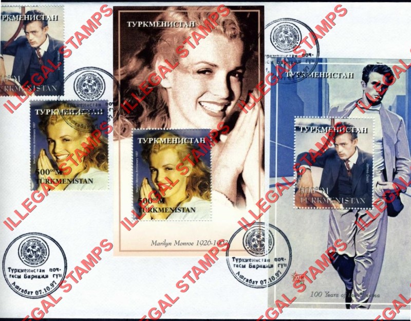 Turkmenistan 1997 Marilyn Monroe and James Dean Illegal Stamp Souvenir Sheets of 1 on Fake First Day Cover