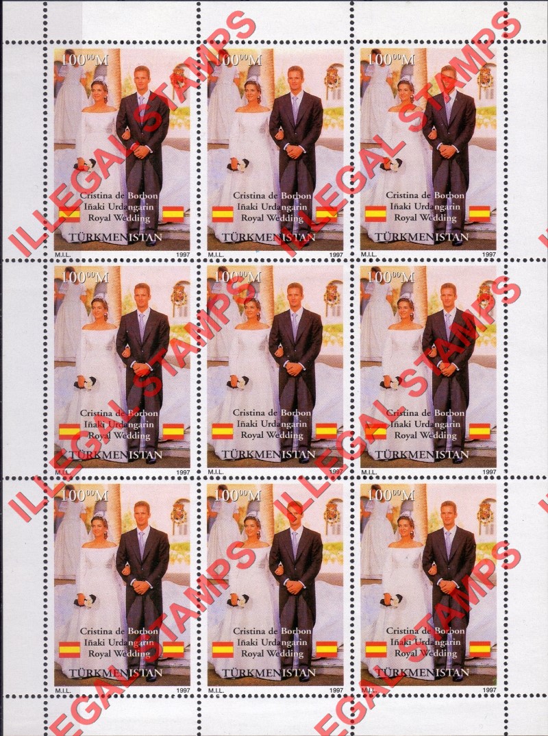 Turkmenistan 1997 Spanish Royal Wedding Illegal Stamp Souvenir Sheet of 9