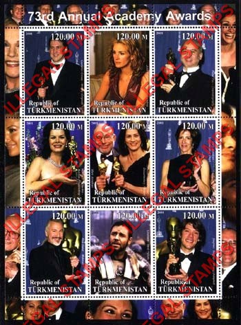 Turkmenistan 2001 Academy Awards Illegal Stamp Souvenir Sheet of 9