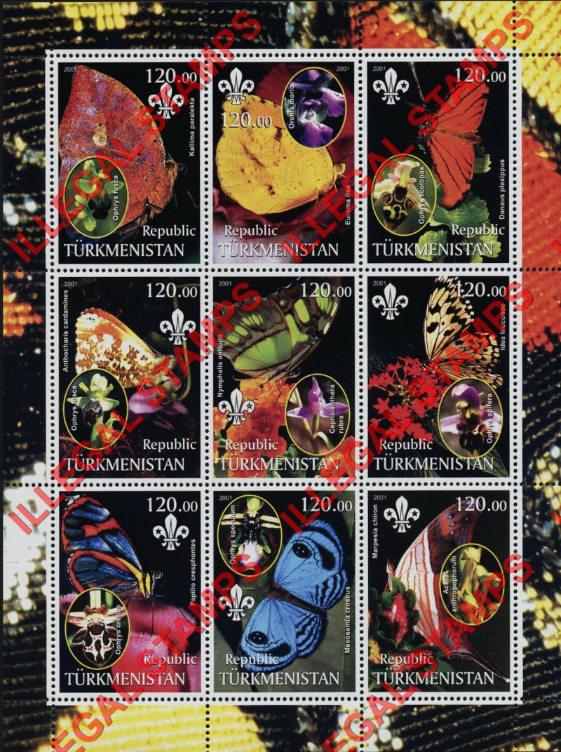 Turkmenistan 2001 Butterflies and Orchids Illegal Stamp Souvenir Sheet of 9