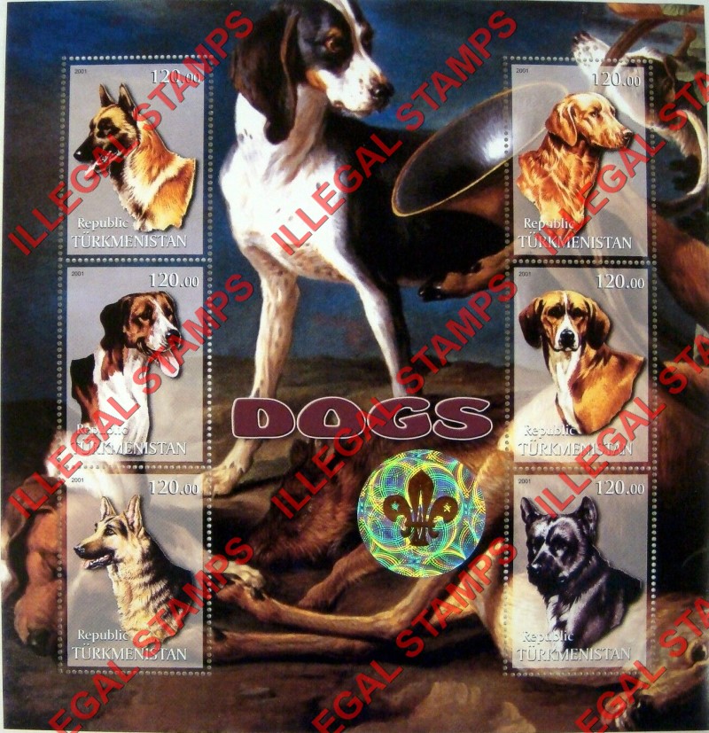 Turkmenistan 2001 Dogs with Hologram Scouts Logo Illegal Stamp Souvenir Sheet of 6