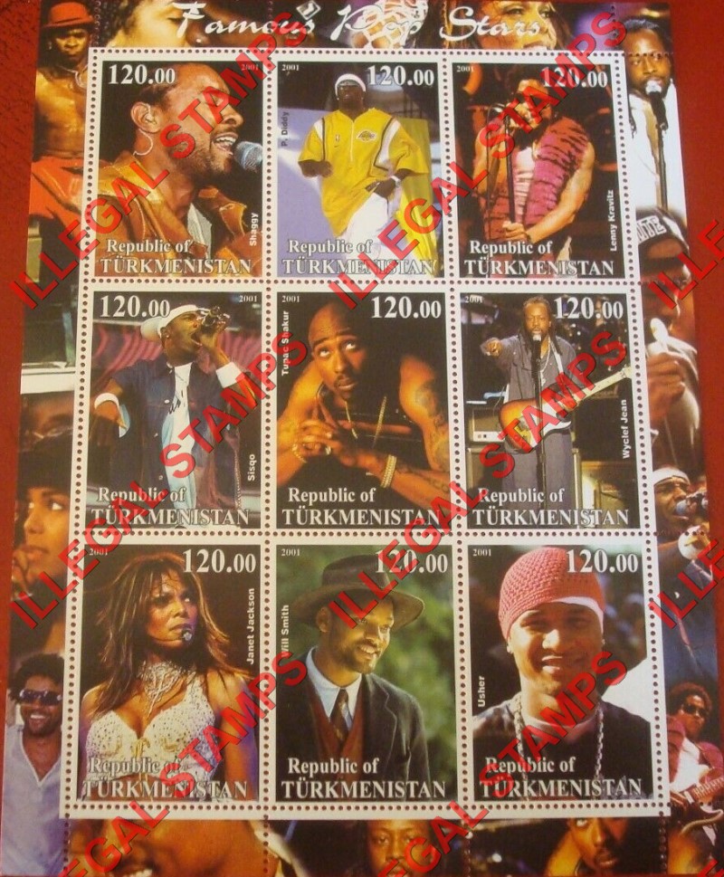 Turkmenistan 2001 Famous Pop Stars Illegal Stamp Souvenir Sheet of 9