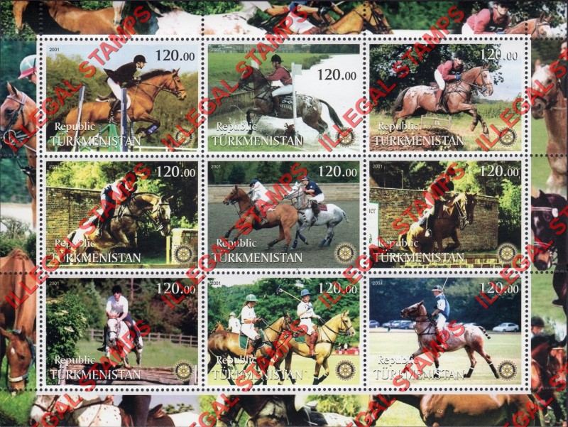 Turkmenistan 2001 Horses Horse Jumping Illegal Stamp Souvenir Sheet of 9