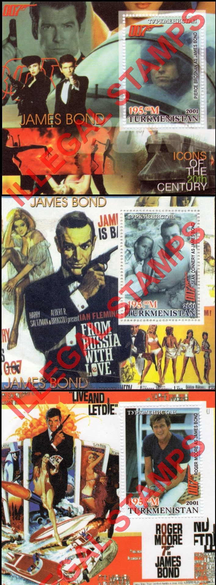Turkmenistan 2001 Icons of the 20th Century James Bond Illegal Stamp Souvenir Sheets of 1