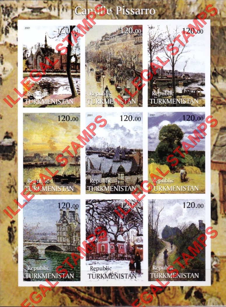 Turkmenistan 2001 Paintings by Camille Pissarro Illegal Stamp Souvenir Sheet of 9