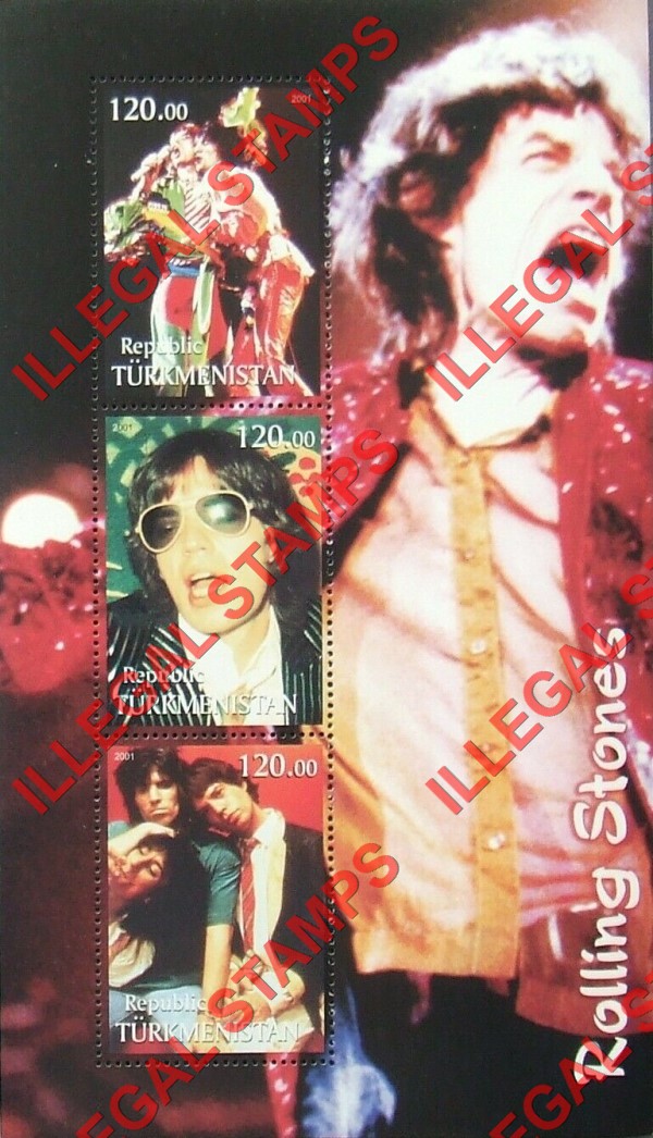 Turkmenistan 2001 Rolling Stones Illegal Stamp Souvenir Sheet of 3