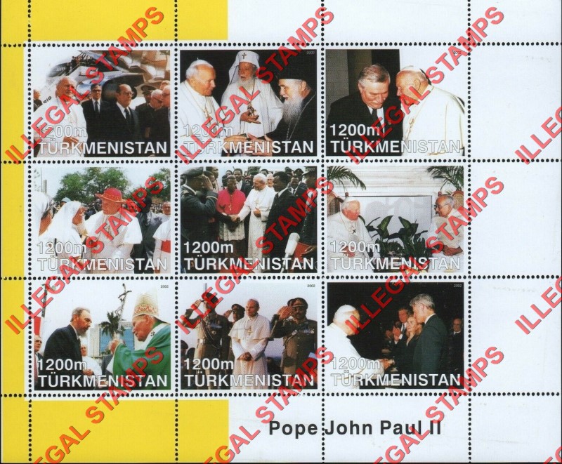 Turkmenistan 2002 Pope John Paul II Illegal Stamp Souvenir Sheet of 9