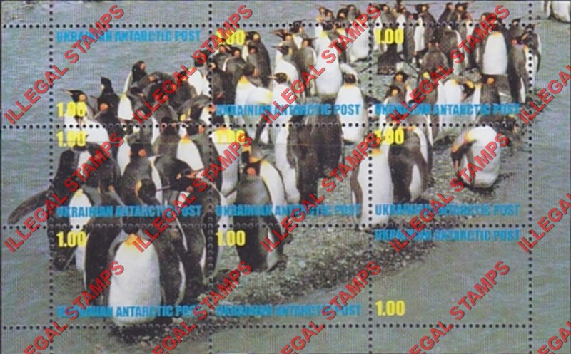 Ukrainian Antarctic Post 1998 Penguins Counterfeit Illegal Stamp Souvenir Sheet of 9 (Sheet 4)