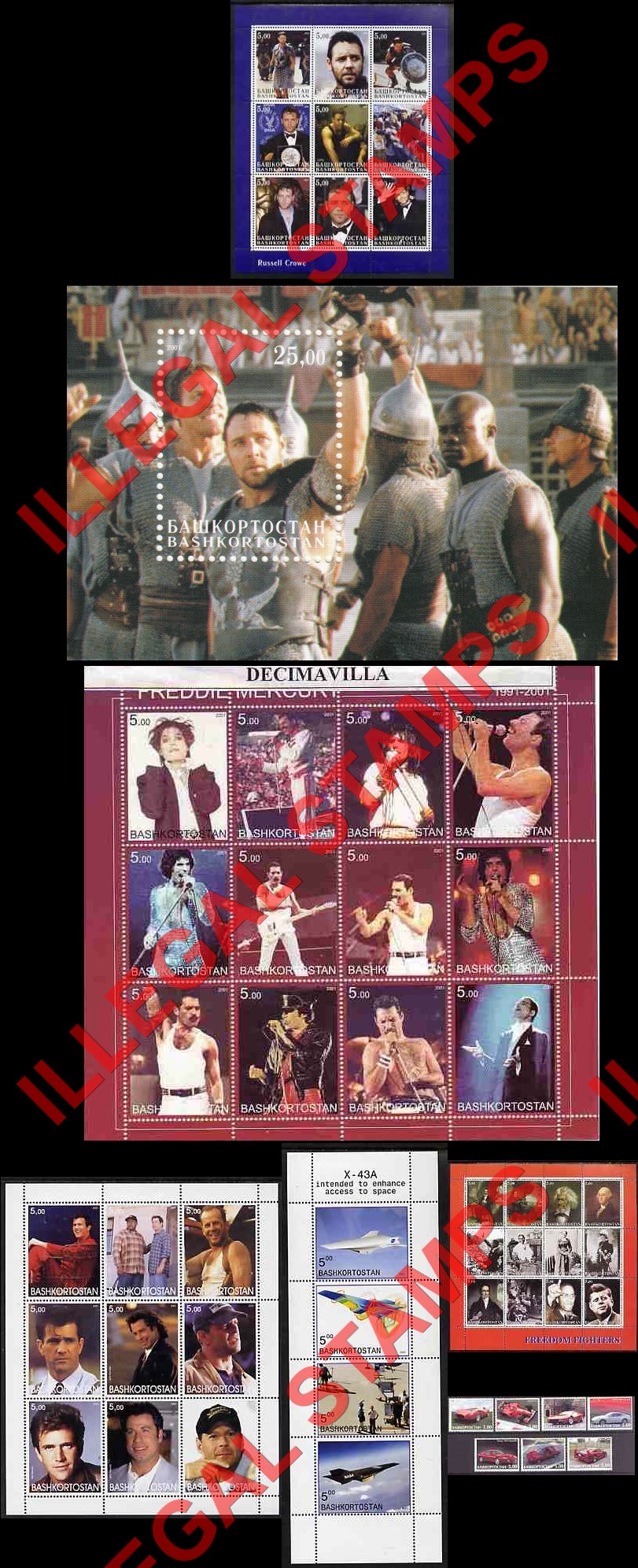 Republic of Bashkortostan 2001 Russell Crowe, Freddie Mercury, Famous Actors, Freedom Fighters, X-43A Aircraft and Ferrari Illegal Stamps