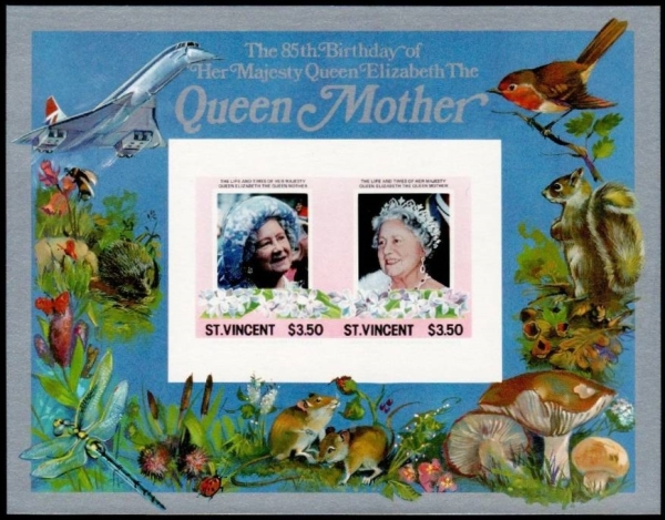 Saint Vincent 1985 85th Birthday of Queen Elizabeth the Queen Mother Imperforate $3.50 Restricted Printing Souvenir Sheet