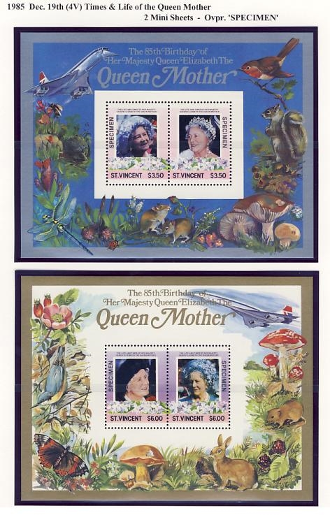 Saint Vincent 1985 85th Birthday of Queen Elizabeth the Queen Mother SPECIMEN Overprinted Restricted Printing Souvenir Sheets