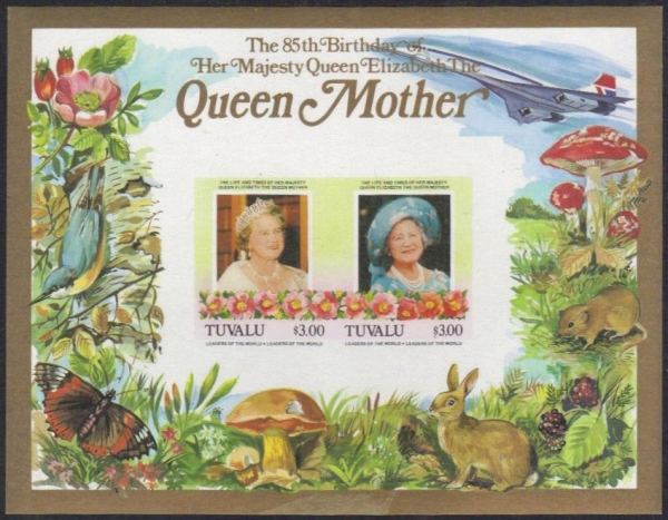 Tuvalu 1985 85th Birthday of Queen Elizabeth the Queen Mother Imperforate $3.00 Restricted Printing Souvenir Sheet