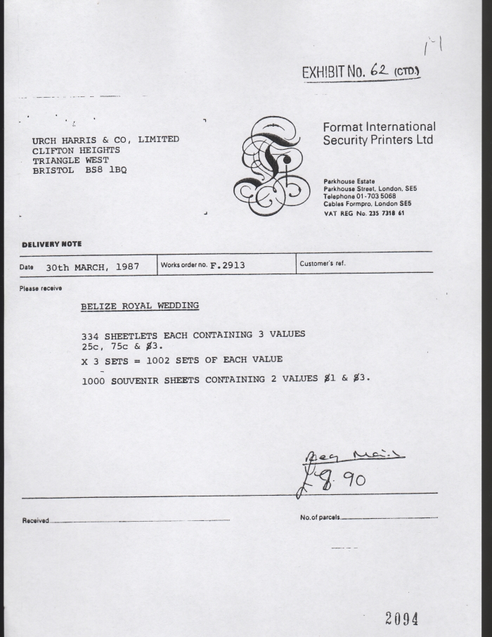 March 1987 Invoice for delivery of Belize 1986 Royal Wedding Reprinted Stamps to Urch Harris