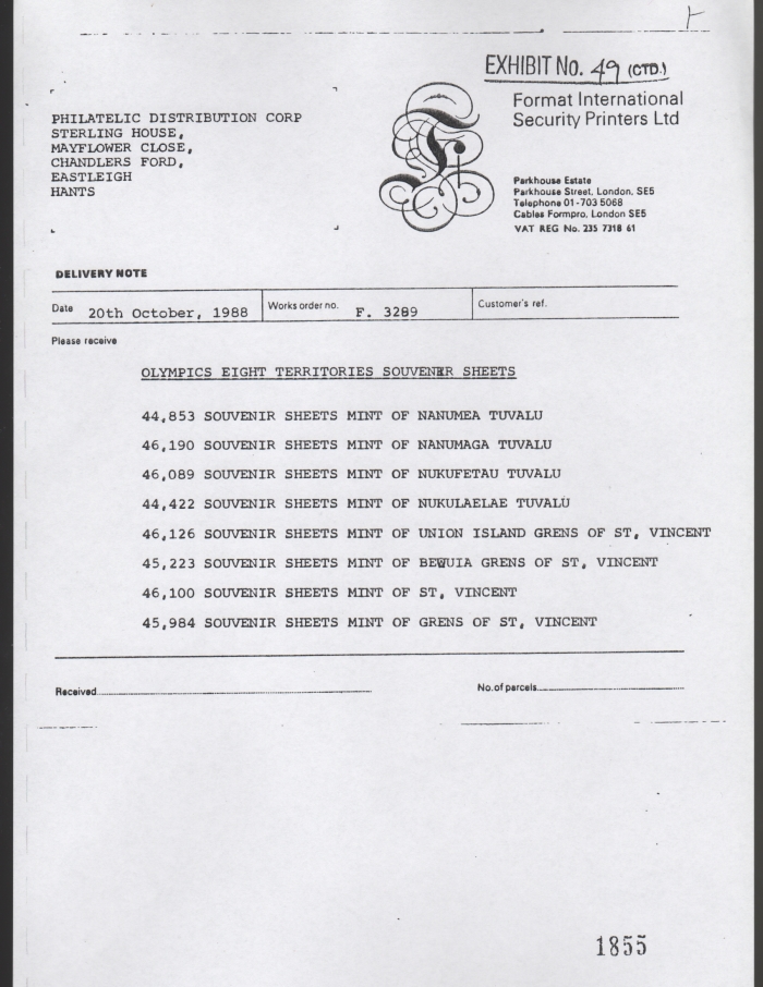 Final Invoice for Unissued 1988 Seoul Olympic Games Souvenir Sheets