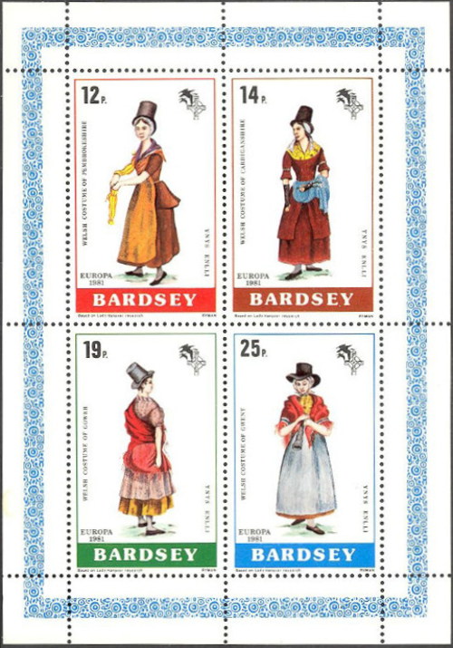 Bardsey Island 1981 EUROPA Welsh Costumes Sheetlet of Carriage Labels