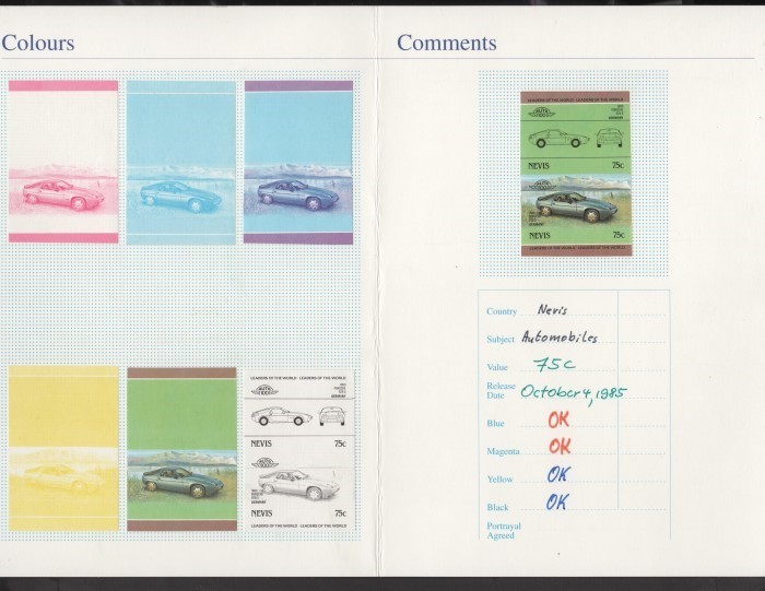 1985 Nevis Leaders of the World, Automobiles (4th series) Fake 75c Proof Presentation Card