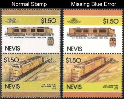 1986 Nevis Leaders of the World, Locomotives (5th series) Missing Blue Error Stamps