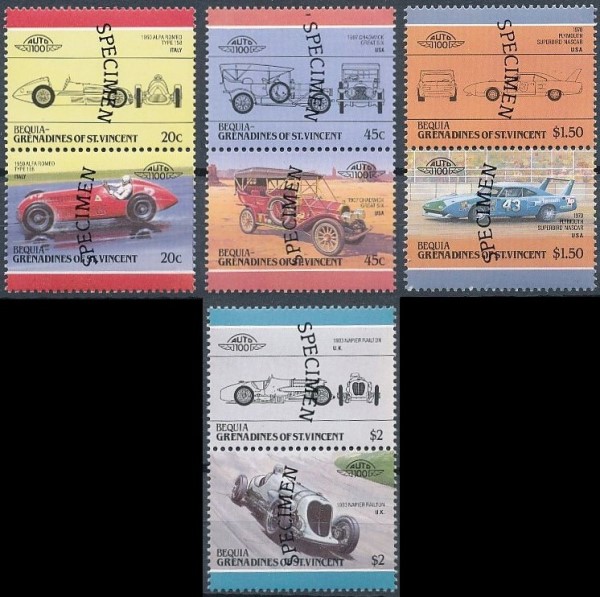 1985 Bequia Leaders of the World, Automobiles (4th series) SPECIMEN Overprinted Stamps