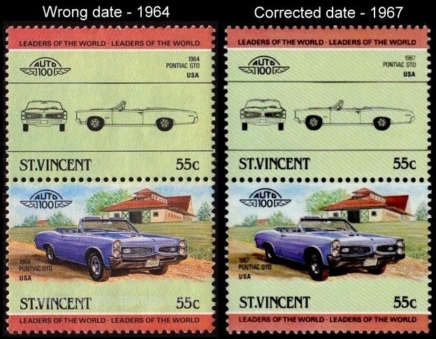 1984 Saint Vincent Leaders of the World, Automobiles (2nd series) Scott 775 Wrong Date Error Stamp