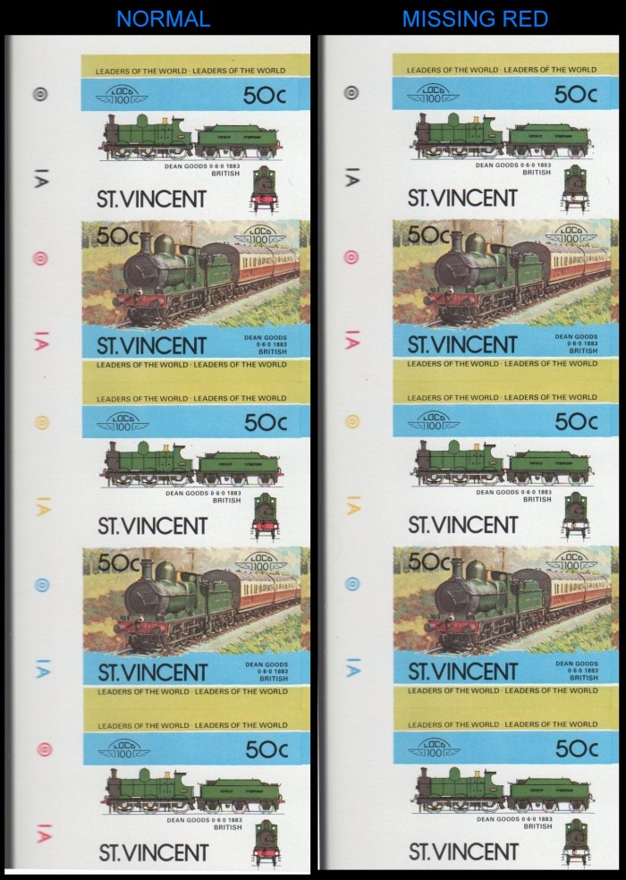 1984 Saint Vincent Leaders of the World, Locomotives (2nd series) Imperforate 50c Missing Red Error Stamp