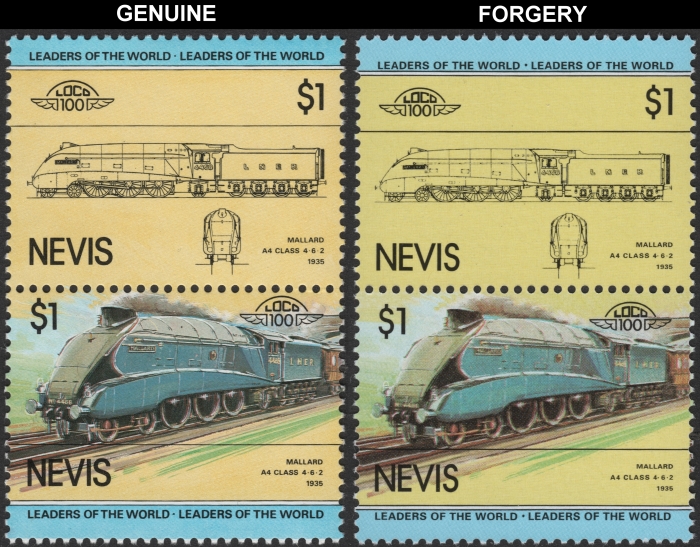 Nevis 1983 Locomotives A4 Class Forgery with Genuine $1 Stamp Comparison