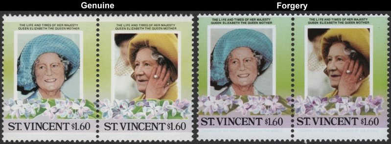 Saint Vincent 1985 Leaders of the World Queen Elizabeth 85th Birthday $1.60 Forgery Stamp Pair with Genuine Stamp Pair Comparison
