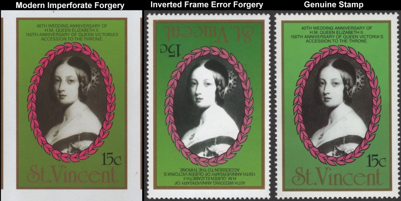 1987 Royal Ruby Wedding Comparison of Imperforate and Inverted 15c Forgeries Compared with Genuine Stamp