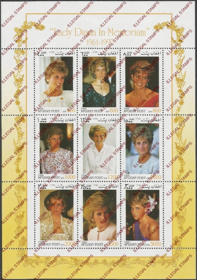 Afghanistan 1998 Princess Diana Memoriam Illegal Stamp Sheetlet of Nine
