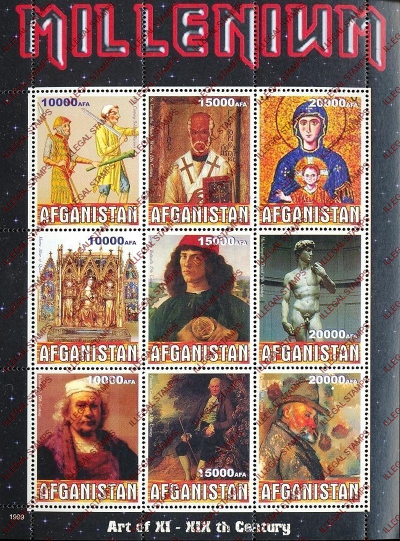 Afghanistan 1999 Art Millenium Illegal Stamp Sheetlet of Nine