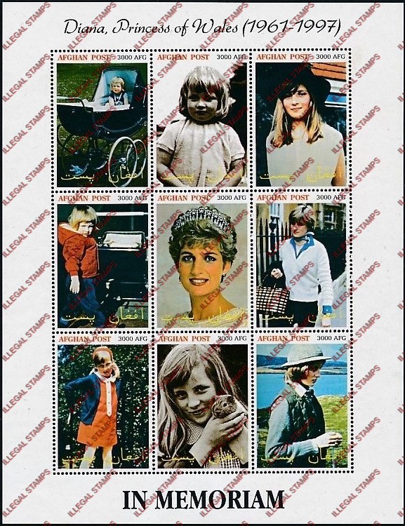 Afghanistan 1999 Princess Diana in Memoriam Illegal Stamp Sheetlet of Nine