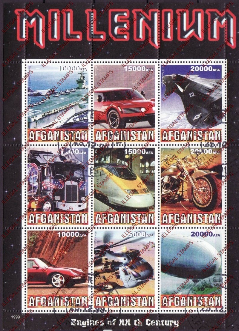 Afghanistan 1999 Engines Millenium Illegal Stamp Sheetlet of Nine