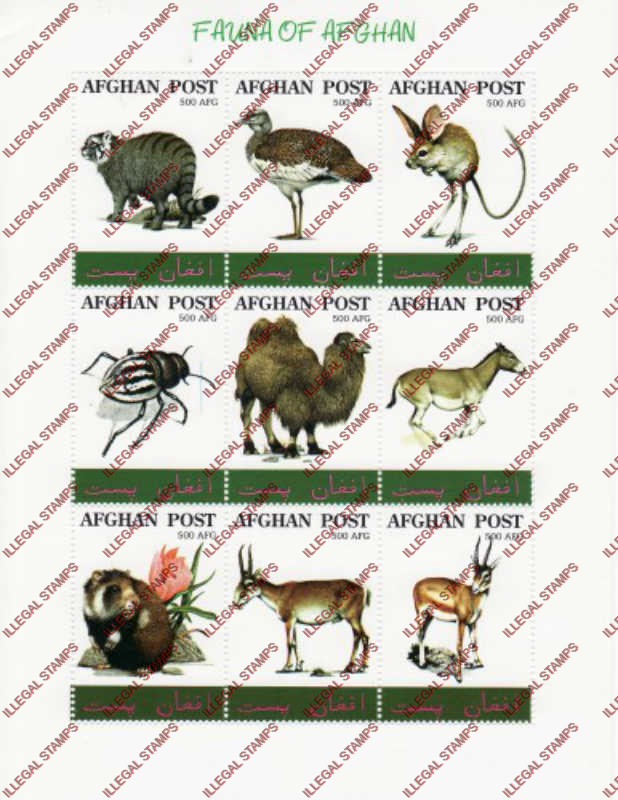Afghanistan 1999 Fauna of Afghan Illegal Stamp Sheetlet of Nine