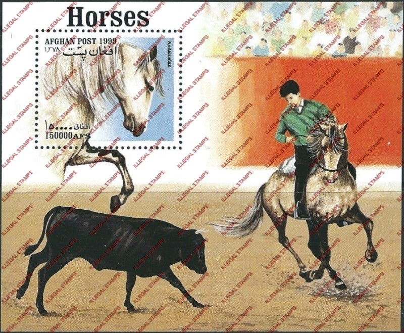 Afghanistan 1999 Horses Illegal Stamp Souvenir Sheet of One