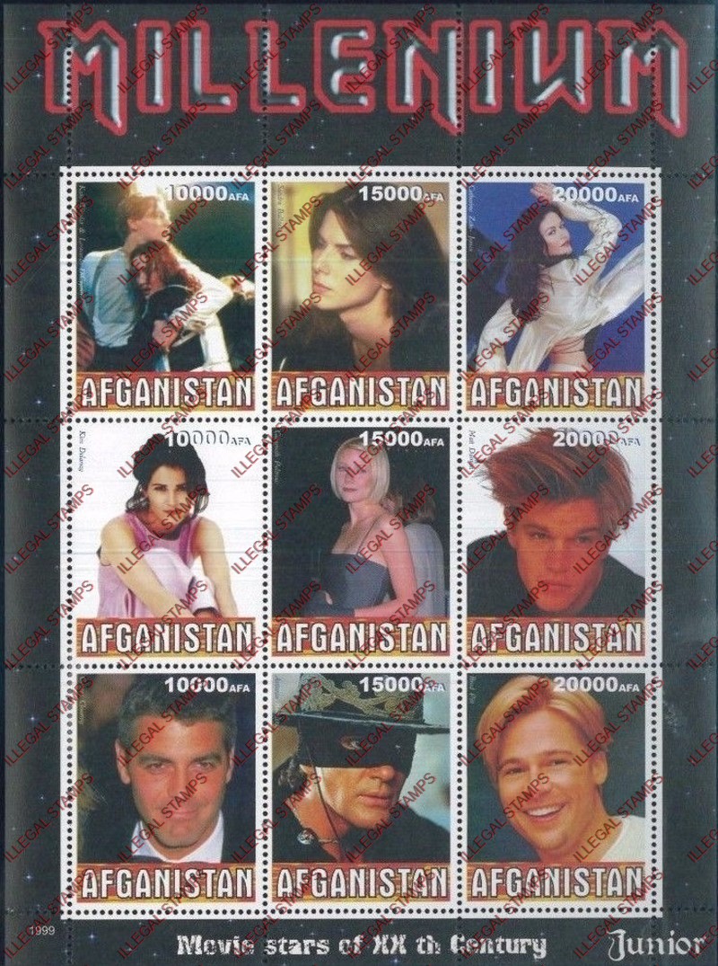 Afghanistan 1999 Movie Stars (Junior) Millenium Illegal Stamp Sheetlet of Nine