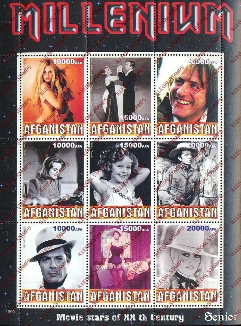 Afghanistan 1999 Movie Stars (Senior) Millenium Illegal Stamp Sheetlet of Nine