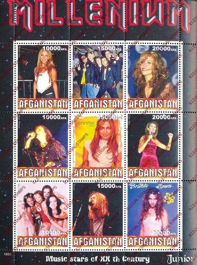 Afghanistan 1999 Music Stars (Junior) Millenium Illegal Stamp Sheetlet of Nine