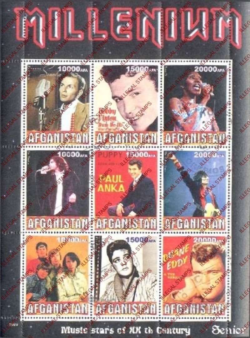 Afghanistan 1999 Music Stars (Senior) Millenium Illegal Stamp Sheetlet of Nine