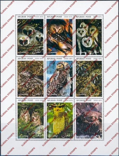 Afghanistan 1999 Owls Illegal Stamp Sheetlet of Nine