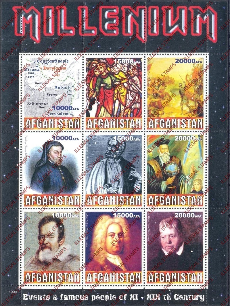 Afghanistan 1999 Famous People and Events Millenium Illegal Stamp Sheetlet of Nine