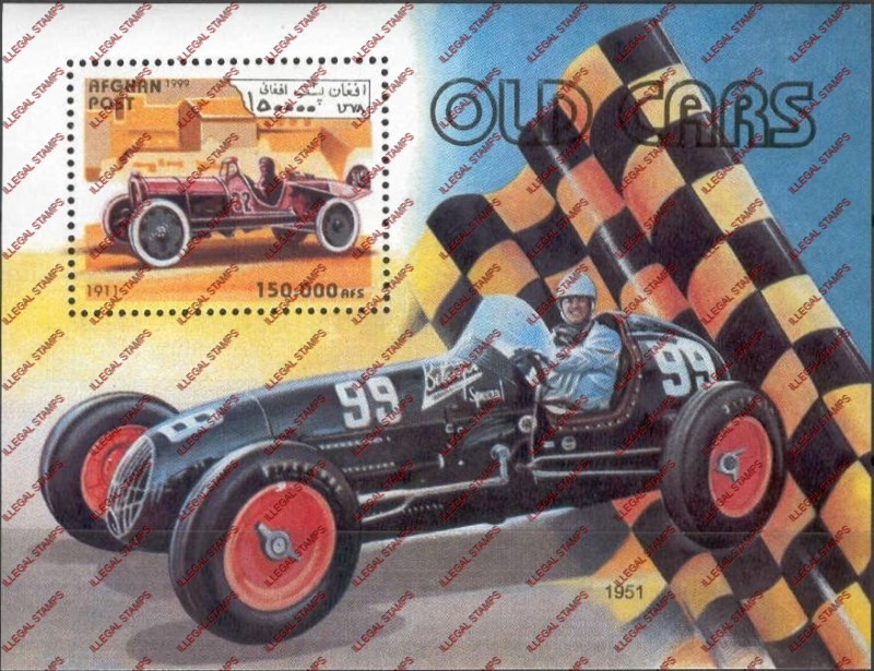 Afghanistan 1999 Vintage Race Cars Illegal Stamp Souvenir Sheet of One