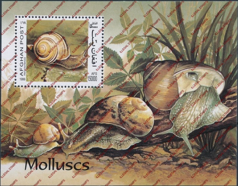 Afghanistan 1999 Snails Illegal Stamp Souvenir Sheet of One
