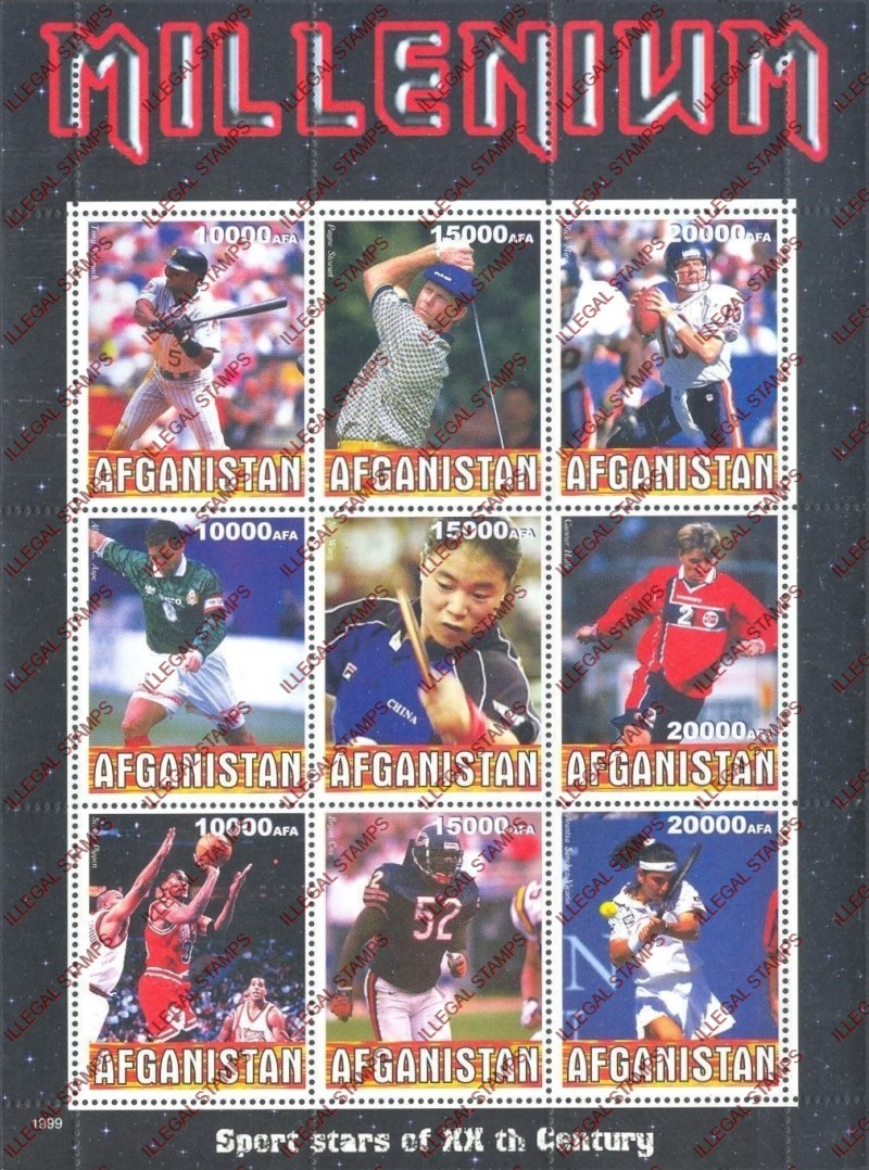 Afghanistan 1999 Sport Stars Millenium Illegal Stamp Sheetlet of Nine