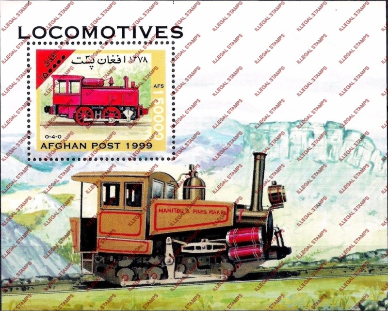 Afghanistan 1999 Locomotives Trains Illegal Stamp Souvenir Sheet of One