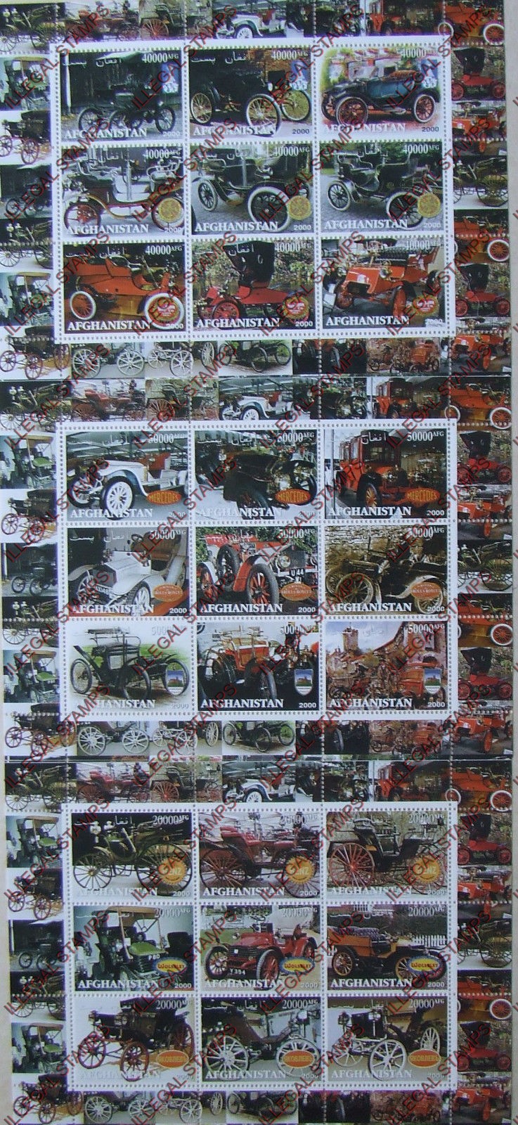 Afghanistan 2000 Antique Cars Illegal Stamp Sheetlets of Nine