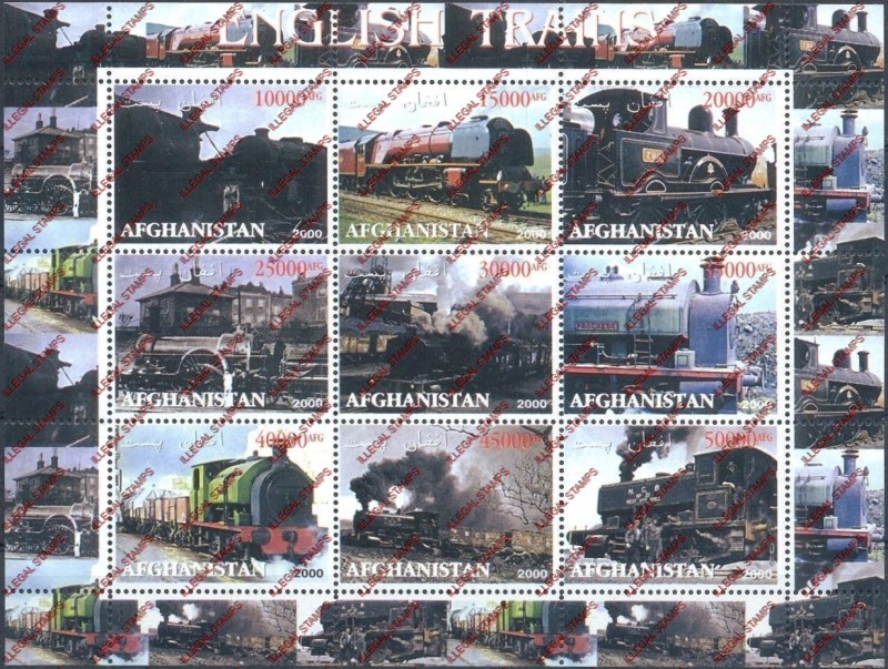 Afghanistan 2000 English Trains Illegal Stamp Sheetlet of Nine