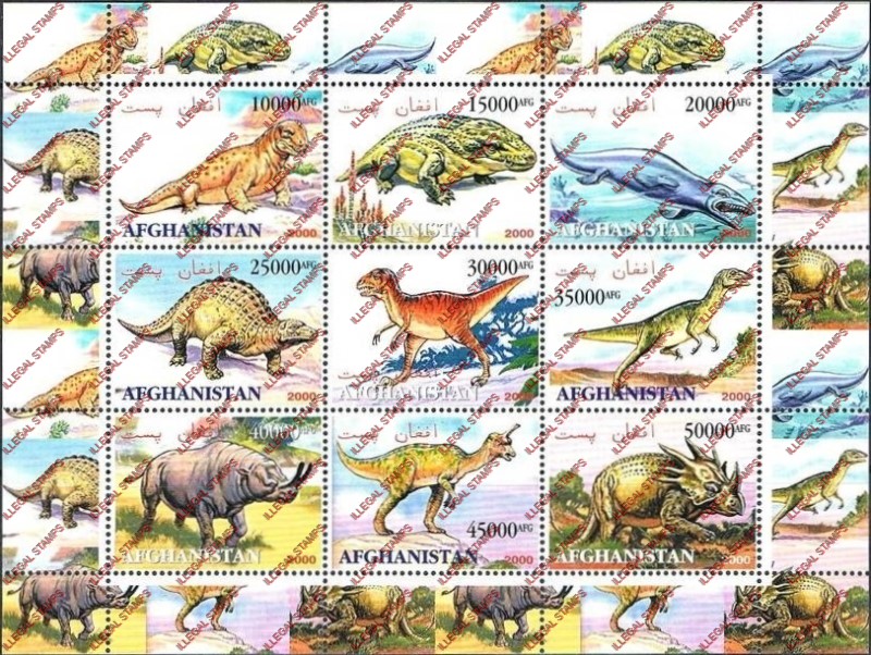 Afghanistan 2000 Fauna Dinosaurs Illegal Stamp Sheetlet of Nine (horizontal)
