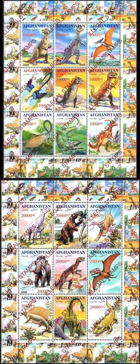 Afghanistan 2000 Fauna Dinosaurs Illegal Stamp Sheetlets of Nine (vertical)