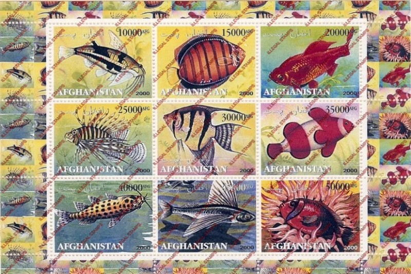 Afghanistan 2000 Fish Illegal Stamp Sheetlet of Nine