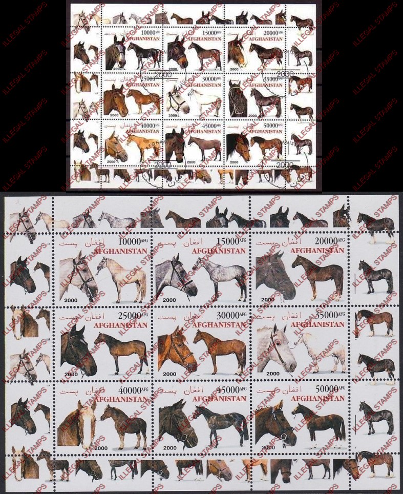 Afghanistan 2000 Horses Illegal Stamp Sheetlets of Nine