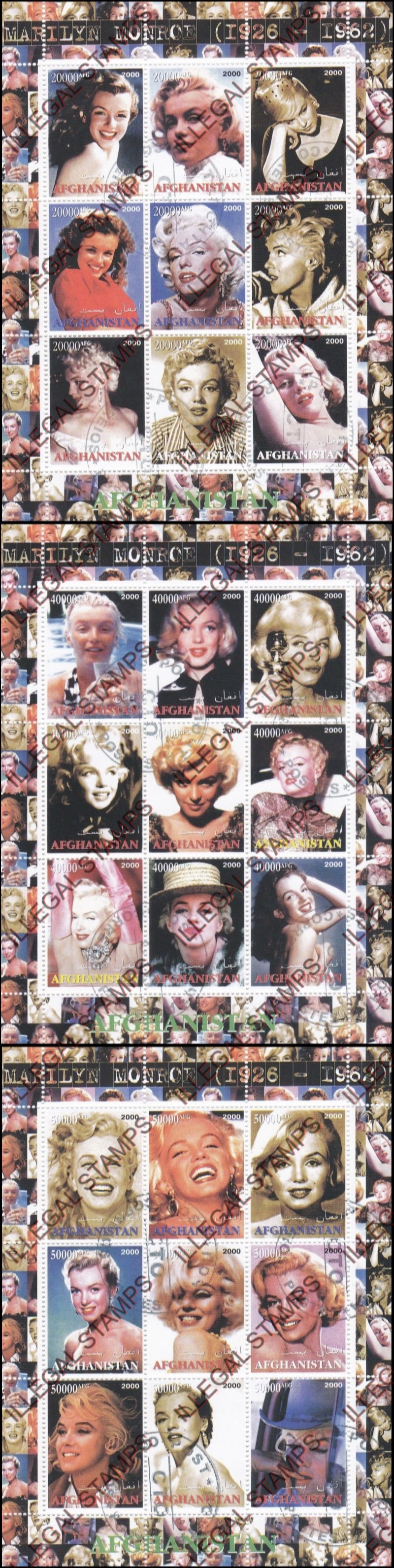 Afghanistan 2000 Marilyn Monroe Illegal Stamp Sheetlets of Nine